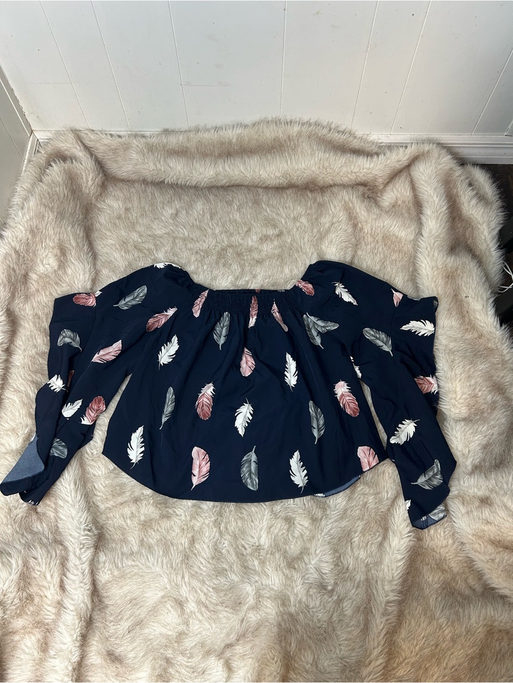Off-Shoulder Navy Feather Print Blouse